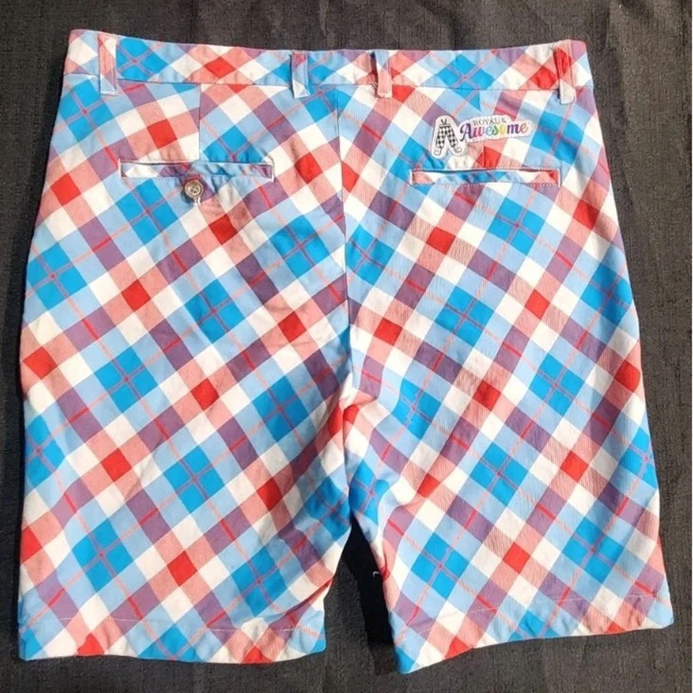 Royal & Awesome Golf Shorts Mens 36 Red Blue Plaid Cotton‎ Stretch Classic Fit